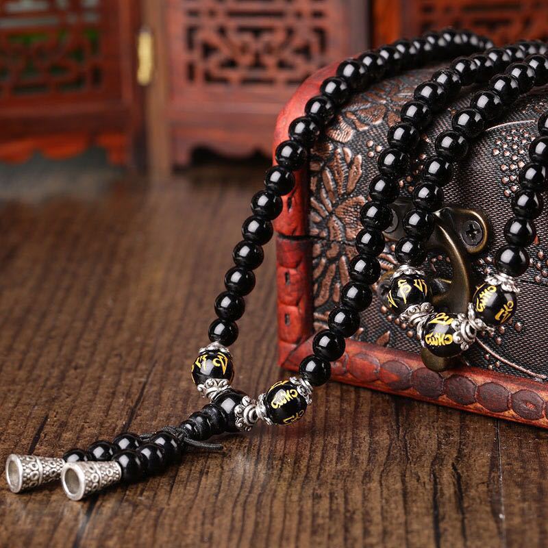 Buddha Stones Black Obsidian Six True Words Protection Mala Armband