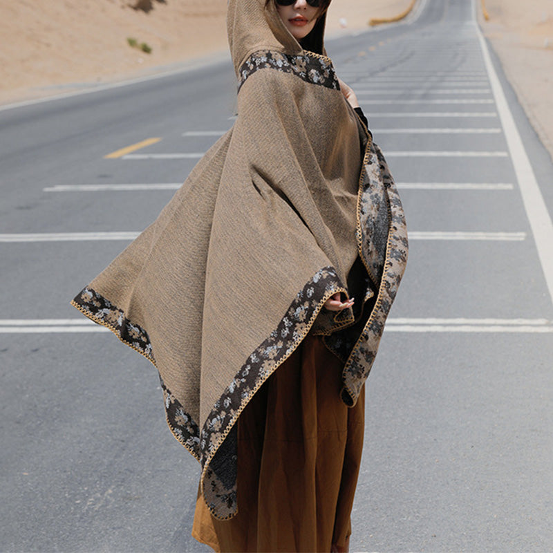 Buddha Stones Tibetischer Schal mit Rand, kleiner Blumen-Kapuzenumhang, gemütlicher Winter-Reiseschal