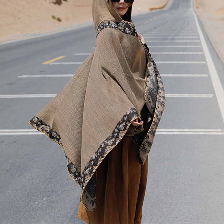Buddha Stones Tibetischer Schal mit Rand, kleiner Blumen-Kapuzenumhang, gemütlicher Winter-Reiseschal