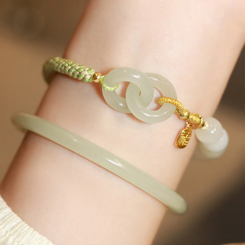 Buddha Stones Natürliche Hetian Jade Perle Doppelte Friedensschnalle Fu Charakter Fülle Geflochtenes Armband