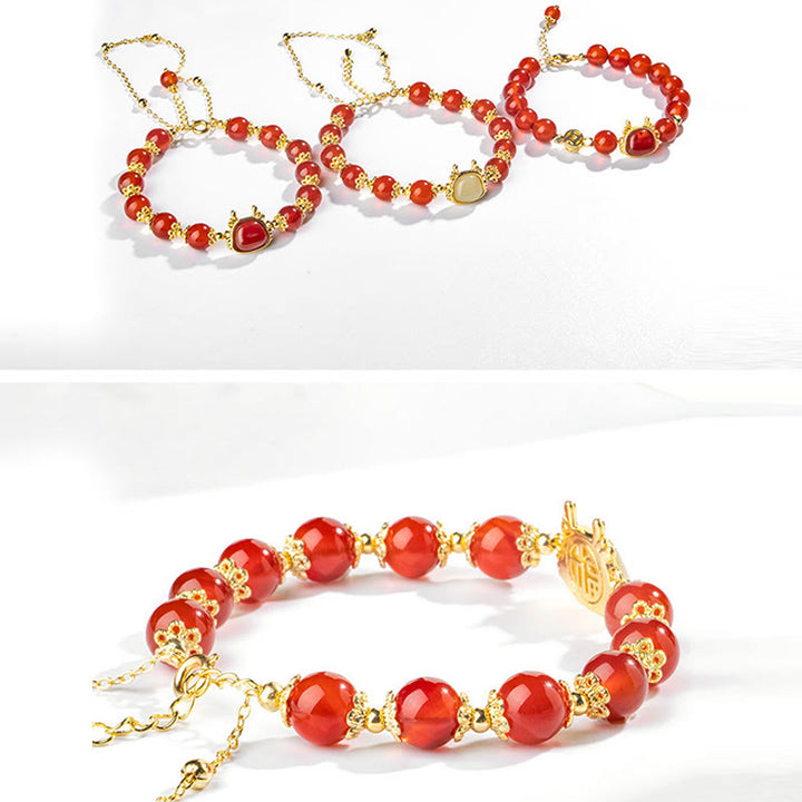 Armband mit Buddha Stonesn, Jahr des Drachen, natürlicher roter Achat, schwarzer Onyx, Glücks-Fu-Charakter