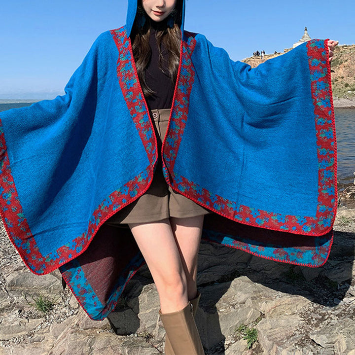 Buddha Stones Tibetischer Schal mit Rand, kleiner Blumen-Kapuzenumhang, gemütlicher Winter-Reiseschal