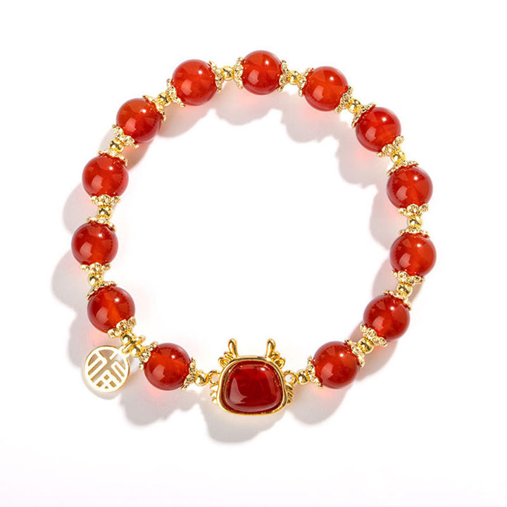 Armband mit Buddha Stonesn, Jahr des Drachen, natürlicher roter Achat, schwarzer Onyx, Glücks-Fu-Charakter