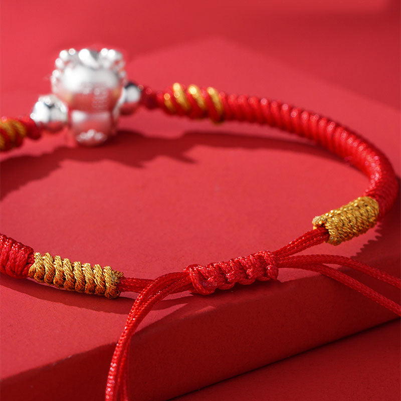 Buddha Stones aus 999er-Sterlingsilber, Jahr des Drachen-Fu-Charakters, ziehen Glück und Glück an, handgefertigtes geflochtenes Armband