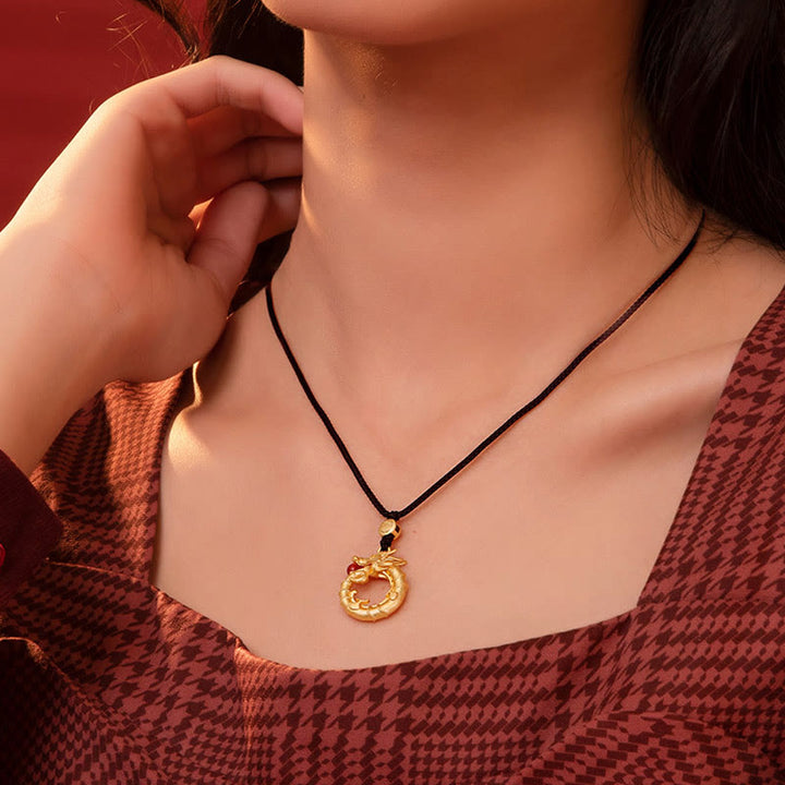 Buddha Stones 925 Sterling Silber Jahr des Drachen runder Fu-Charakter-Drachen-Erfolgs-Halskettenanhänger