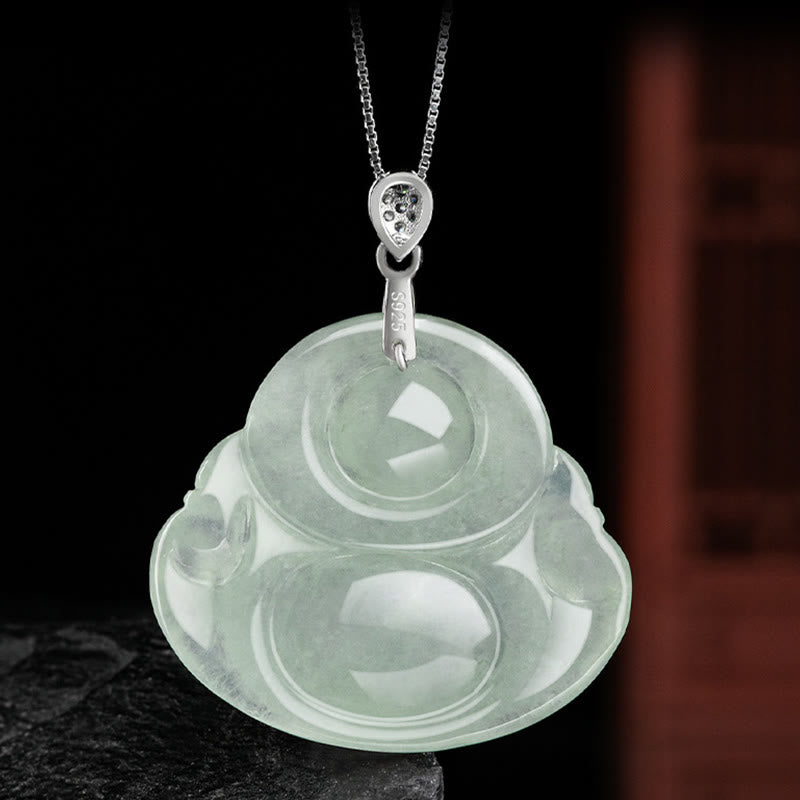 Buddha Stones 925 Sterling Silber natürliche Jade lachender Buddha Wohlstand Fülle Kette Halskette Anhänger