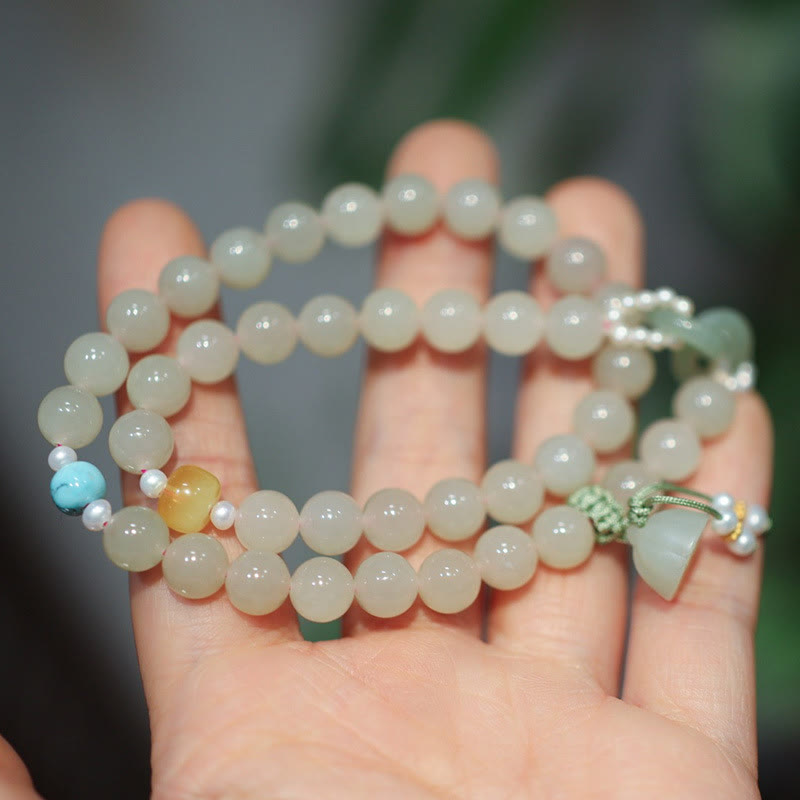 Buddha Stones 925 Sterling Silber Hetian Jade Doppelte Friedensschnalle Lotus Glück Doppeltes Wickelarmband