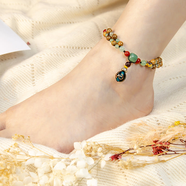 Fußkettchen zum Schutz des Gleichgewichts aus Buddha Stonesn, Wengeholz, grünem Aventurin