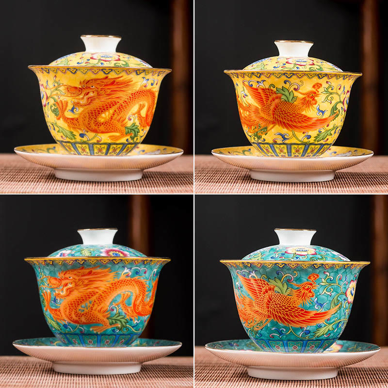 Buddha Stones Dragon Phoenix Flower Design Keramik Gaiwan Sancai Teetasse Kung Fu Teetasse und Untertasse mit Deckel
