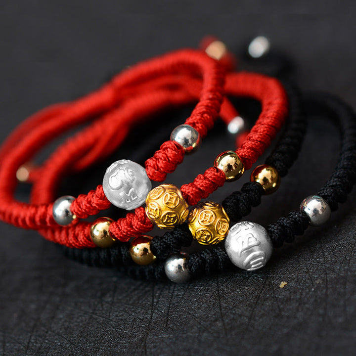 Buddha Stones 999 Sterling Silber Om Mani Padme Hum Kupfer Münze Glück Stärke String Paar Armband