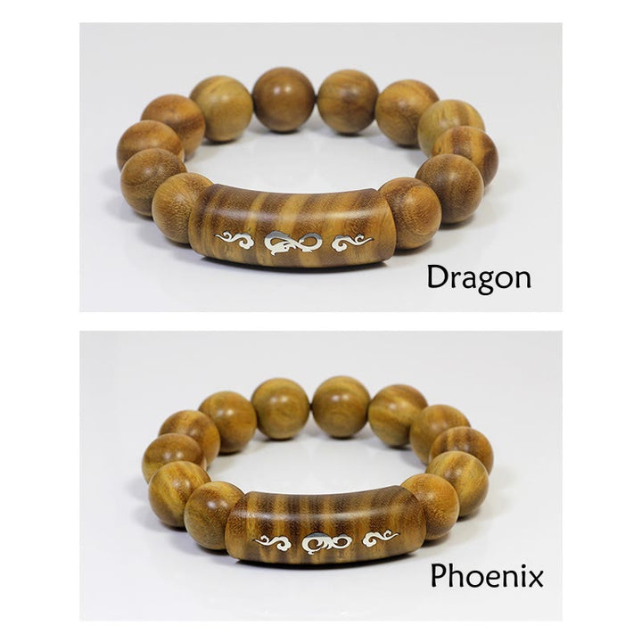 Buddha Stones 999 Sterling Silber Grünes Sandelholz Om Mani Padme Hum Drache Phönix Dharmachakra Eingelegtes Friedensarmband