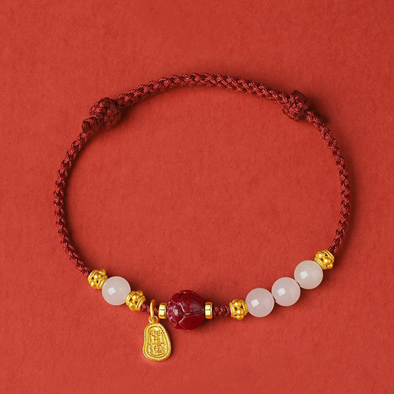 Buddha Stones 24K vergoldetes Hetian Weiß Jade Cinnabar Lotus Glücksseil-Armband