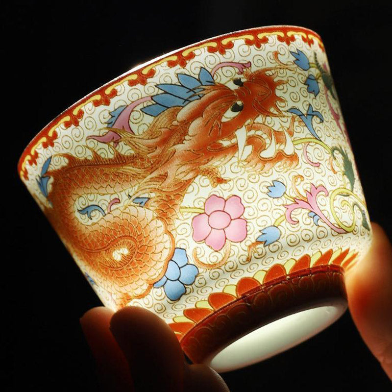 Buddha Stones 2 Stück Drachen-Phoenix-Teetasse aus Keramik, Kung-Fu-Teetassen
