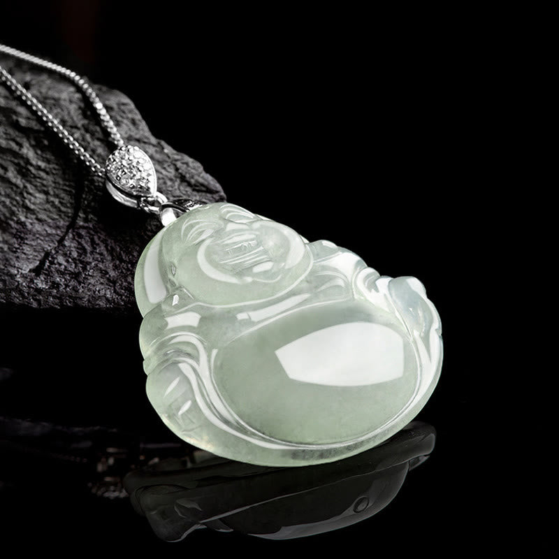 Buddha Stones 925 Sterling Silber natürliche Jade lachender Buddha Wohlstand Fülle Kette Halskette Anhänger