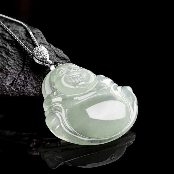 Buddha Stones 925 Sterling Silber natürliche Jade lachender Buddha Wohlstand Fülle Kette Halskette Anhänger