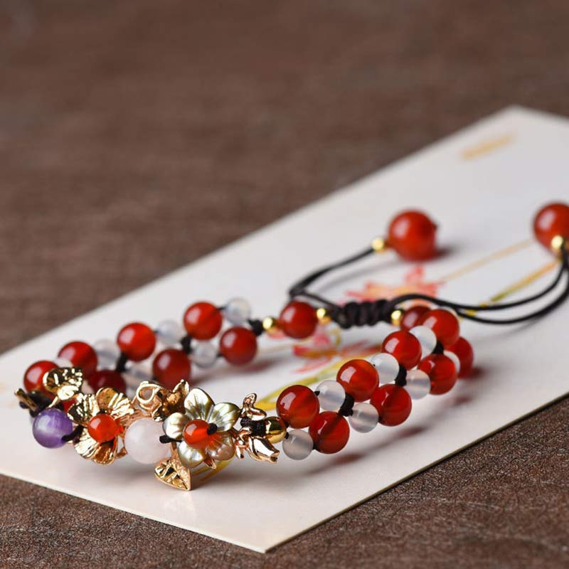 Buddha Stones Grünes Aventurin-Granat-Perlen-Blütenblatt-Glücksarmband