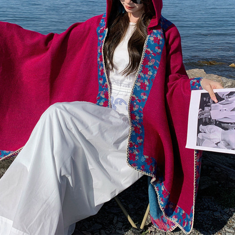 Buddha Stones Tibetischer Schal mit Rand, kleiner Blumen-Kapuzenumhang, gemütlicher Winter-Reiseschal
