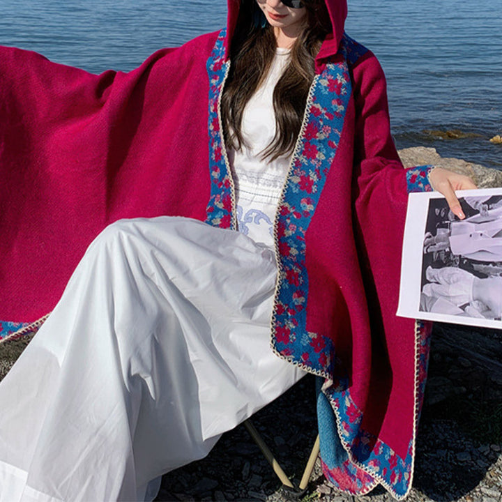 Buddha Stones Tibetischer Schal mit Rand, kleiner Blumen-Kapuzenumhang, gemütlicher Winter-Reiseschal