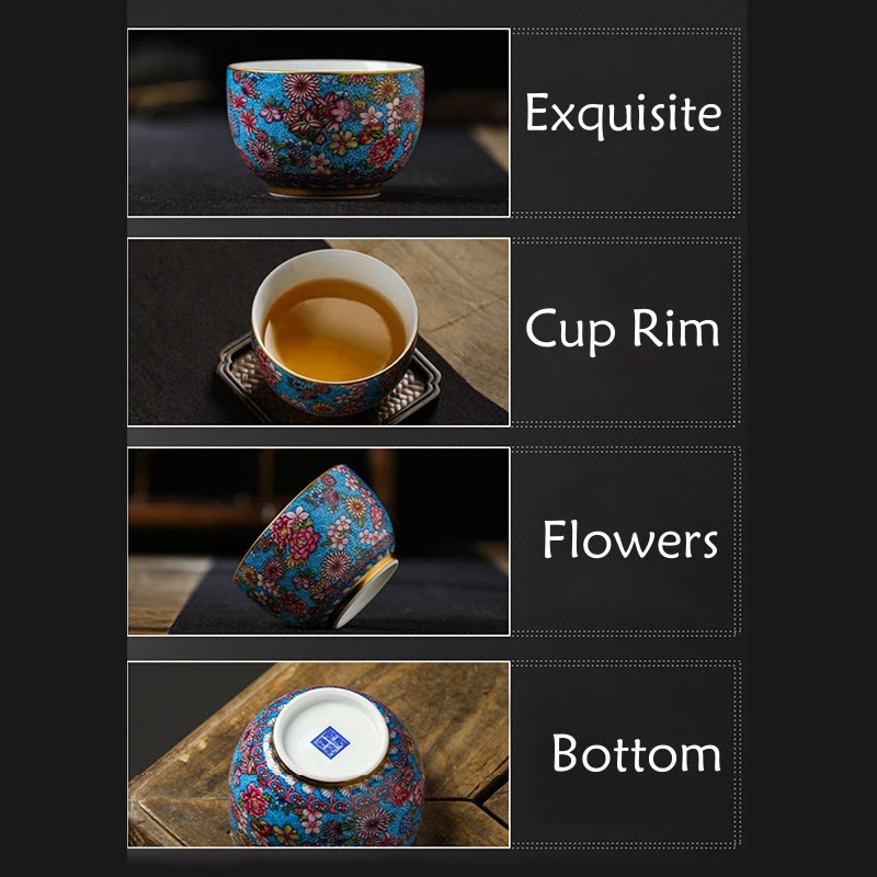 Buddha Stones, Jingdezhen-Porzellan, Überglasur-Dekoration, bunte Blumen, Keramik-Teetasse, Kung-Fu-Teetassen