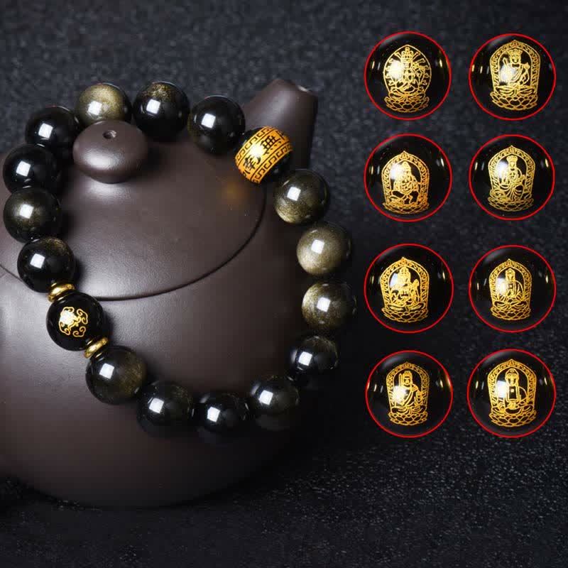 Chinesisches Tierkreis-Natal-Buddha-Goldglanz-Obsidian-Armband zum Schutz des Reichtums