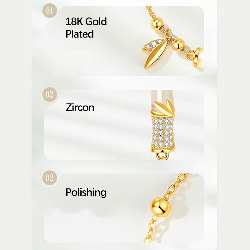 Buddha Stones Glücksarmband aus 925er-Sterlingsilber, 18 Karat vergoldet, Weiß Jade, Bambus-Zirkon, Blatt-Glücksarmband