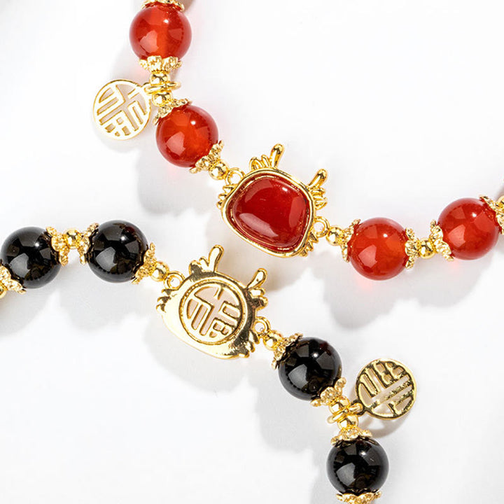Armband mit Buddha Stonesn, Jahr des Drachen, natürlicher roter Achat, schwarzer Onyx, Glücks-Fu-Charakter