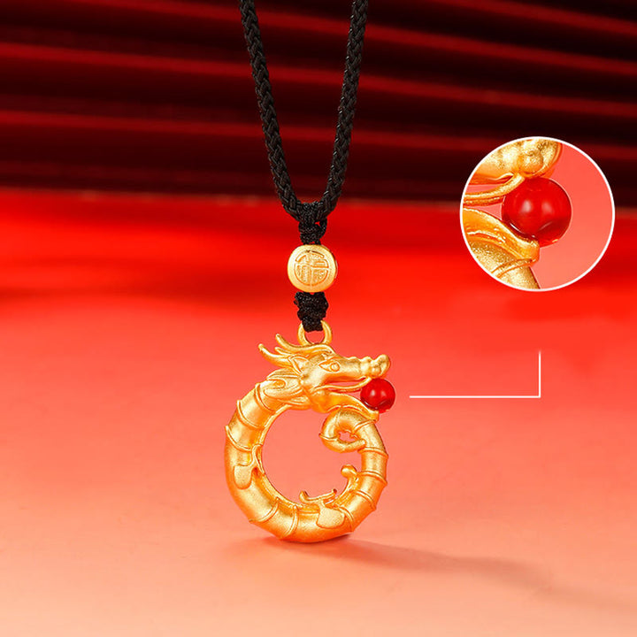 Buddha Stones 925 Sterling Silber Jahr des Drachen runder Fu-Charakter-Drachen-Erfolgs-Halskettenanhänger