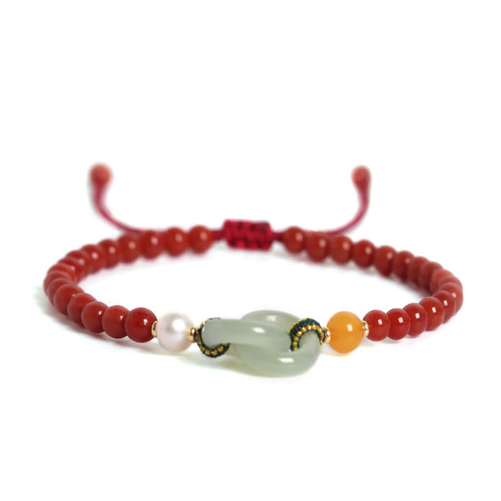 Buddha Stones Natürliches rotes Achat-Hetian-Jade-Armband mit doppelter Friedensschnalle
