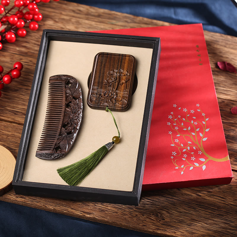 Natürlicher grüner Sandelholz-Palisander-Lotusblüten-Pfauenfalter-Gravur-Beruhigungskamm