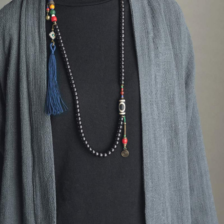 Buddha Stones 108 Perlen Mala Ebenholz Holz Dzi Perle Kupfer Balance Quaste Armband