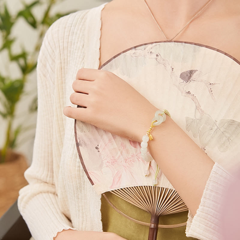 Buddha Stones Natürliche Hetian Jade Perle Doppelte Friedensschnalle Fu Charakter Fülle Geflochtenes Armband