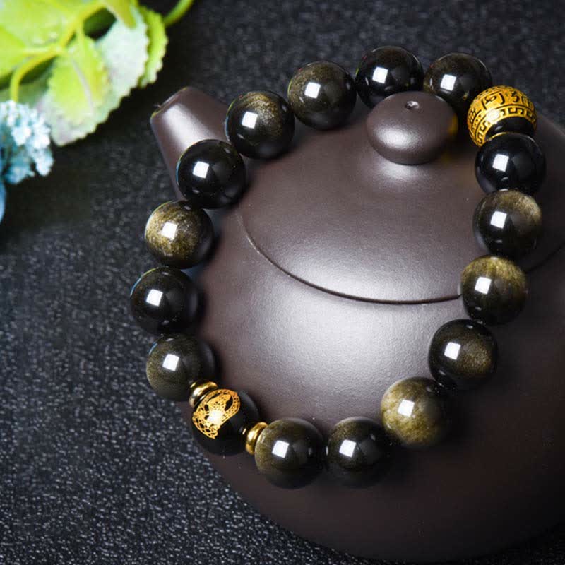 Chinesisches Tierkreis-Natal-Buddha-Goldglanz-Obsidian-Armband zum Schutz des Reichtums