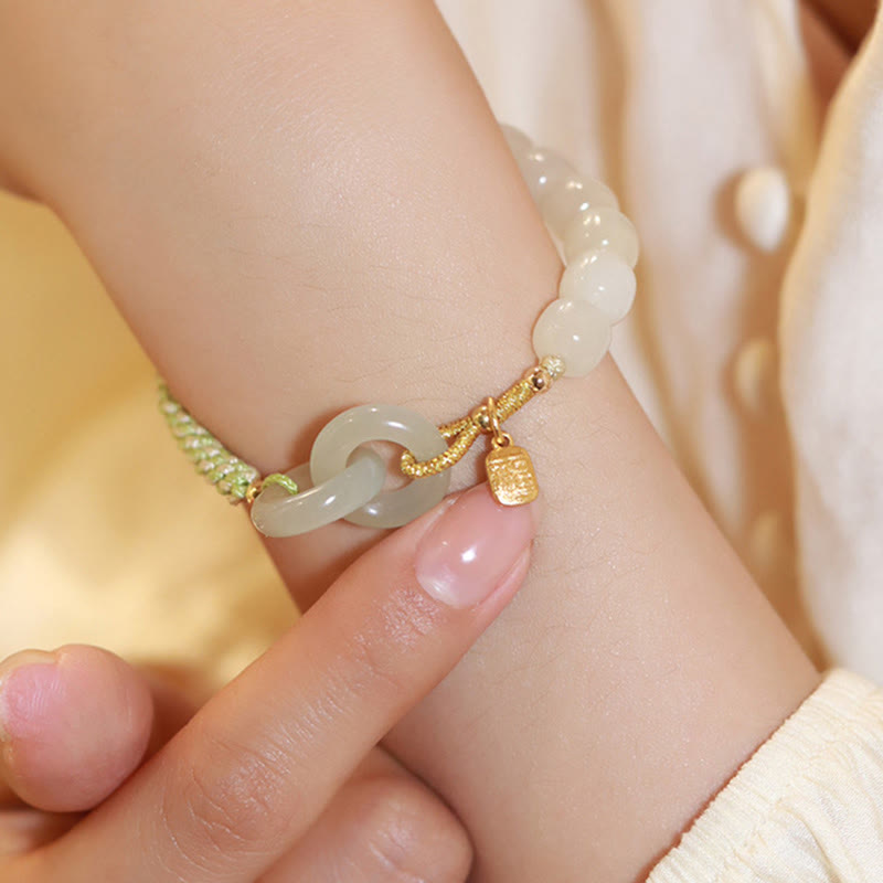 Buddha Stones Natürliche Hetian Jade Perle Doppelte Friedensschnalle Fu Charakter Fülle Geflochtenes Armband