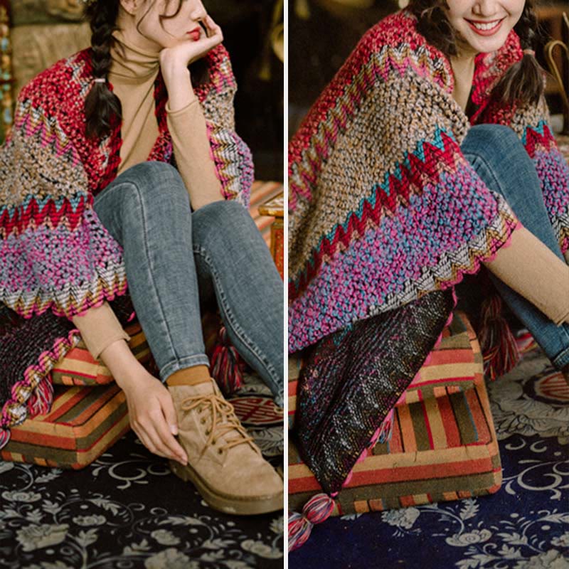 Tibetischer Schal mit Buddha Stonesn, warmer Strickmantel, tibetischer Quastenschal