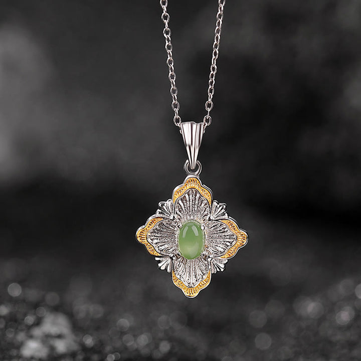 Buddha Stones 925 Sterling Silber vergoldet Hetian Cyan Jade Rhombus Design Glück Heilung Halskette Anhänger