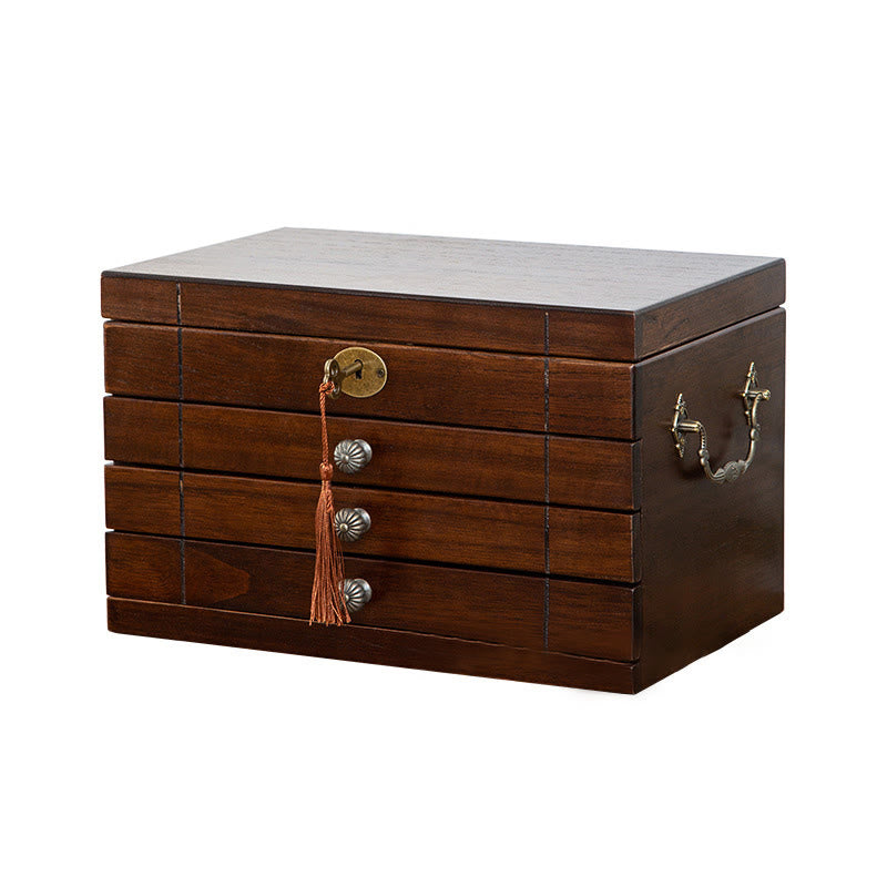 Buddha Stones Retro-Schmuckkästchen aus massivem Holz, vierlagige Schmuckaufbewahrungsbox aus Holz