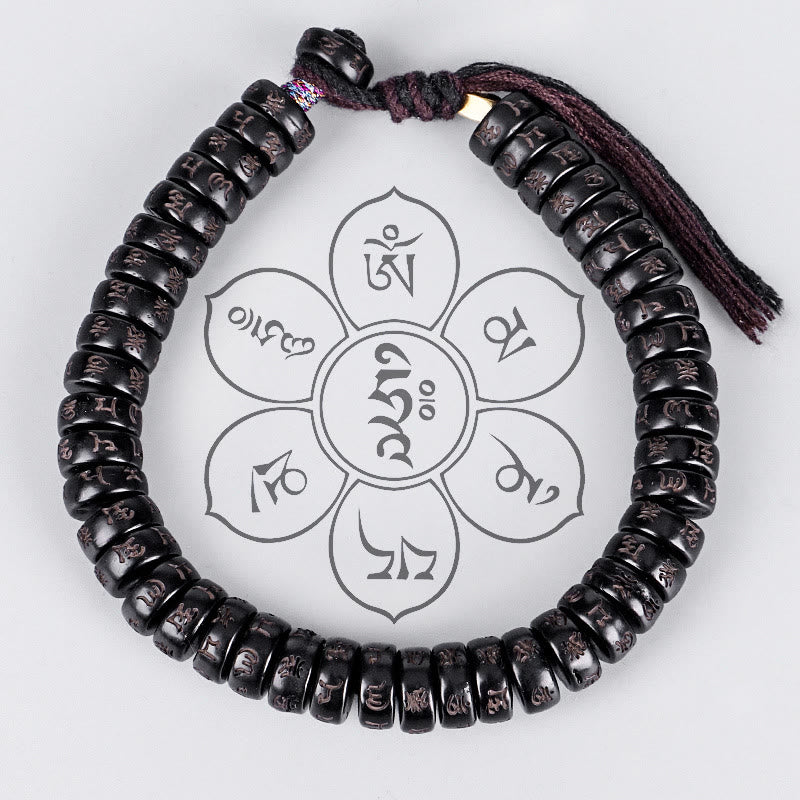 Buddha Stones, tibetische Kokosnussschalen-Perlen, graviertes Om Mani Padme Hum Mantra, positives Schnurarmband