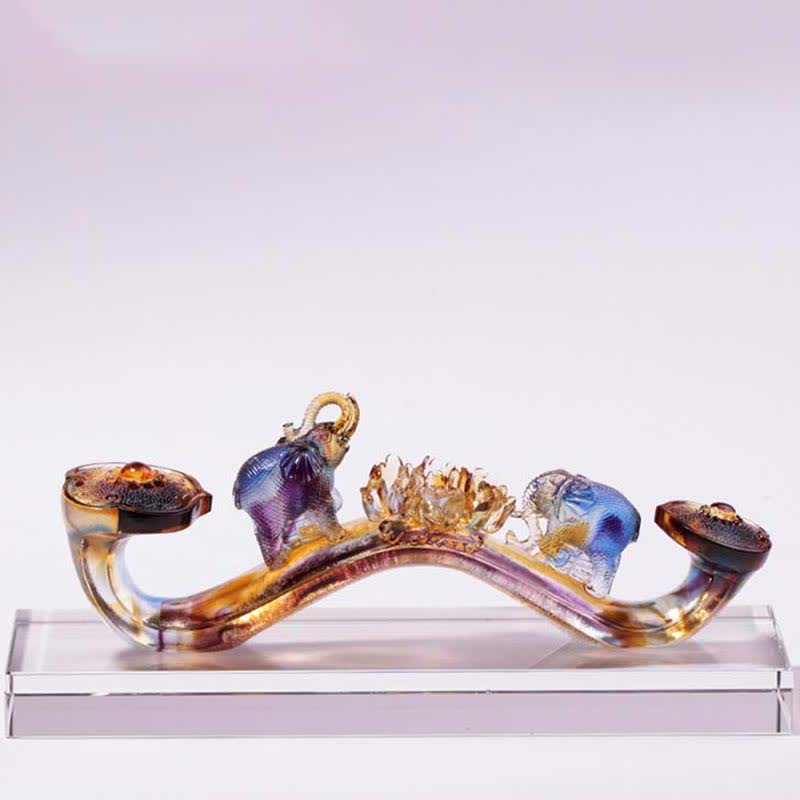 Handgefertigtes Liuli-Kristall-Ruyi-Elefant-Kunststück, Heimdekoration mit Kristallsockel