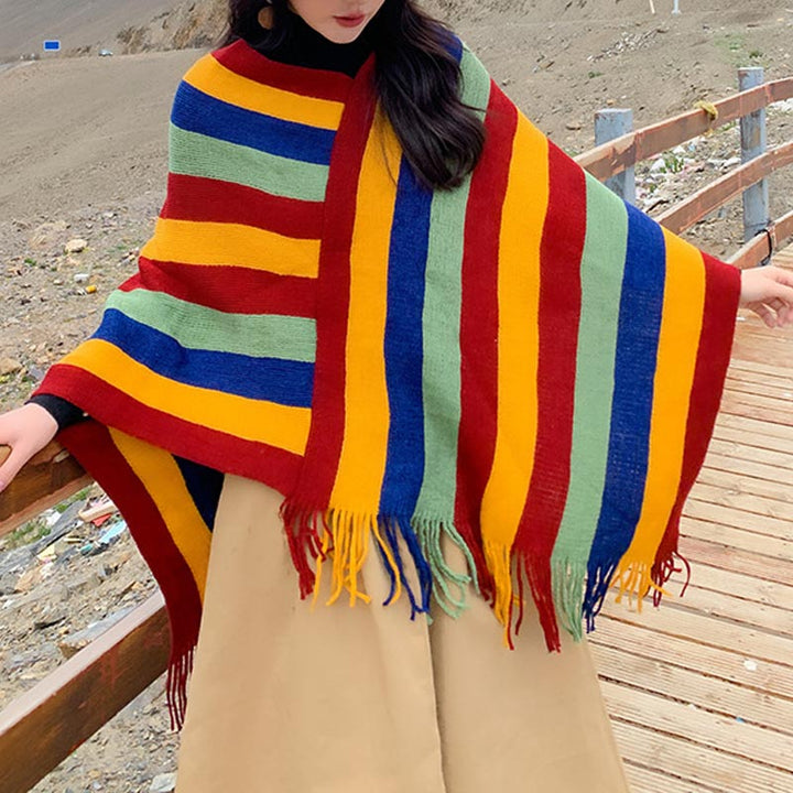 Buddha Stones, tibetanisches, bunt gestreiftes Design, Schal, Quasten, Pullover, Winter, gemütlicher Reiseschal, Wickeltuch