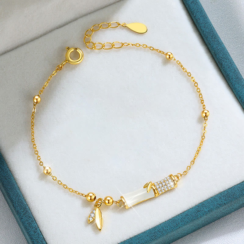 Buddha Stones Glücksarmband aus 925er-Sterlingsilber, 18 Karat vergoldet, Weiß Jade, Bambus-Zirkon, Blatt-Glücksarmband