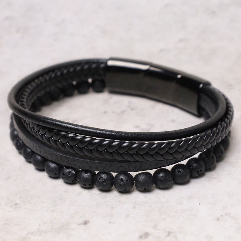 Buddha Stones, natürliches Lavagestein, schwarzes Onyx-Perlen-Lederarmband