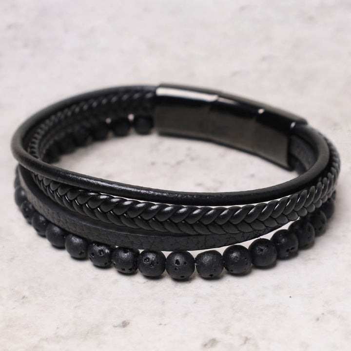 Buddha Stones, natürliches Lavagestein, schwarzes Onyx-Perlen-Lederarmband