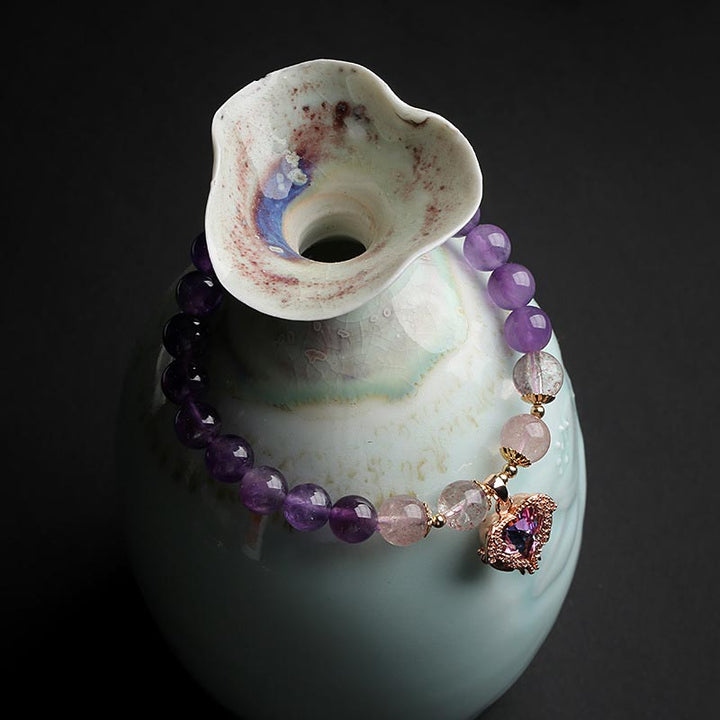 Natürliches Amethyst-Erdbeerquarz-Kristall-Glücksarmband