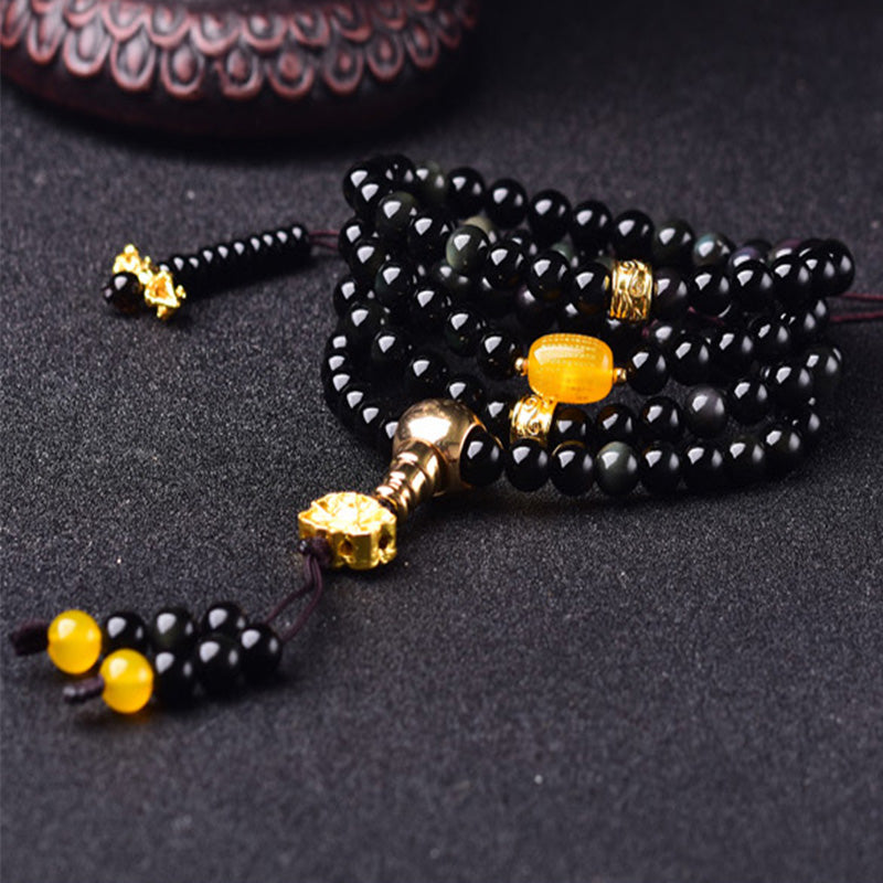 Buddha Stones, 108 Perlen, natürlicher schwarzer Obsidian, Lotus-Erfüllungs-Mala-Armband