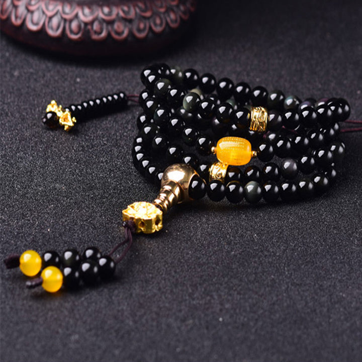 Buddha Stones, 108 Perlen, natürlicher schwarzer Obsidian, Lotus-Erfüllungs-Mala-Armband