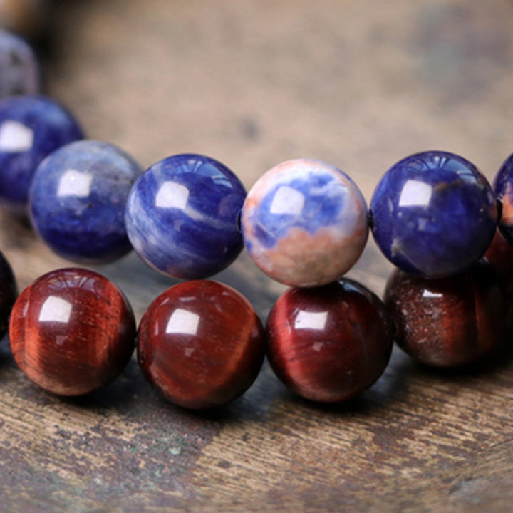 Buddha Stones Schwarzes Obsidian-Sodalith-Kristall-Kupfer-Stärke-Paar-Armband