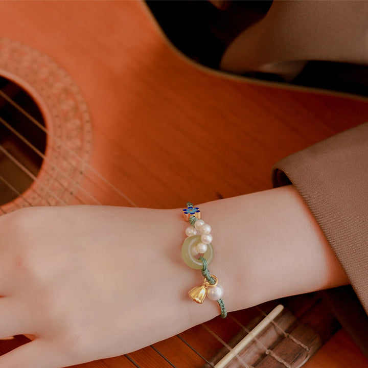 Buddha Stones Natürliche Hetian Jade Friedensschnalle Perle Glück Handgefertigtes geflochtenes Armband