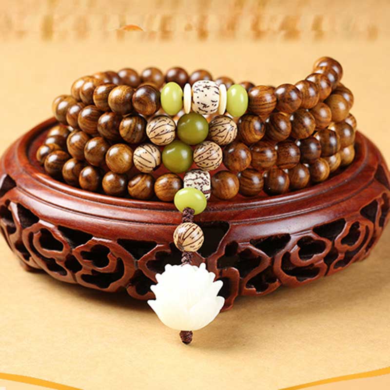 Buddha Stones Tibetisches Palisander-Lotus-Mala-Schutz-Ruhe-Halsketten-Armband