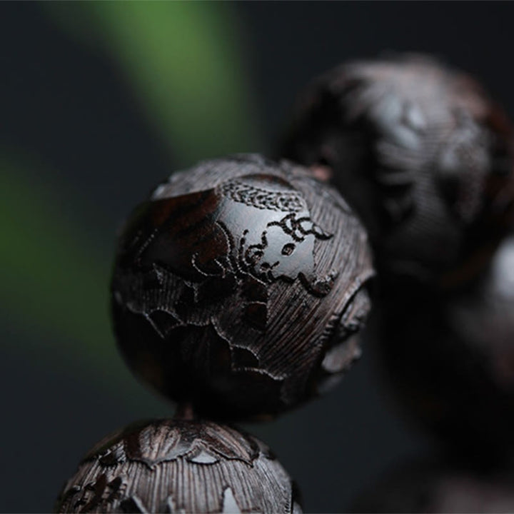 Armband mit Buddha Stonesn, Ebenholz, chinesischem Schriftzeichen, Yin-Yang-Gravur, Kürbis-Balance