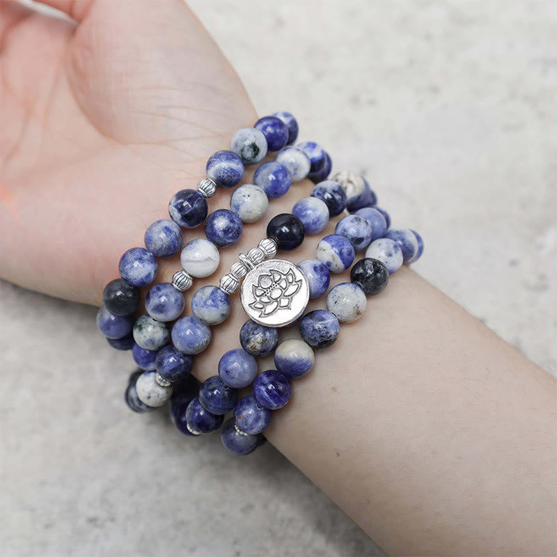 Buddha Stones natürliches blaues Aventurin-Lotus-Friedens-Halsketten-Armband